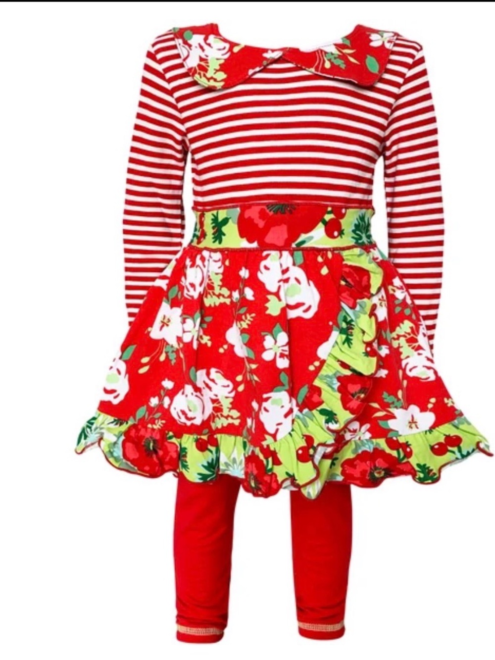 Ann Loren Red Floral Skirted Leggings with Lime Trim